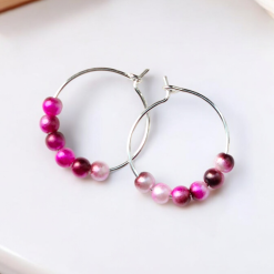 A Beautiful Pair of Dark/Light Pink Marble Pearl Bead Hoop Earrings 4