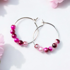 A Beautiful Pair of Dark/Light Pink Marble Pearl Bead Hoop Earrings