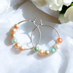 A Beautiful Pair of Gold/Mint/Cream Marble Pearl Bead Silver Hoop Earrings