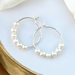 A Beautiful Pair of Cream Pearl Bead Silver Hoop Earrings