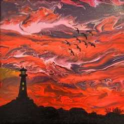 SOLD. Silhouette lighthouse acrylic pour 1