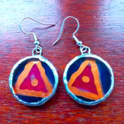 Hand painted, Acrylic, Pink, copper and blue, Tiffany set dangle earrings. 4 Hand painted, Acrylic, Pink, copper and blue, Tiffany set dangle earrings. 4