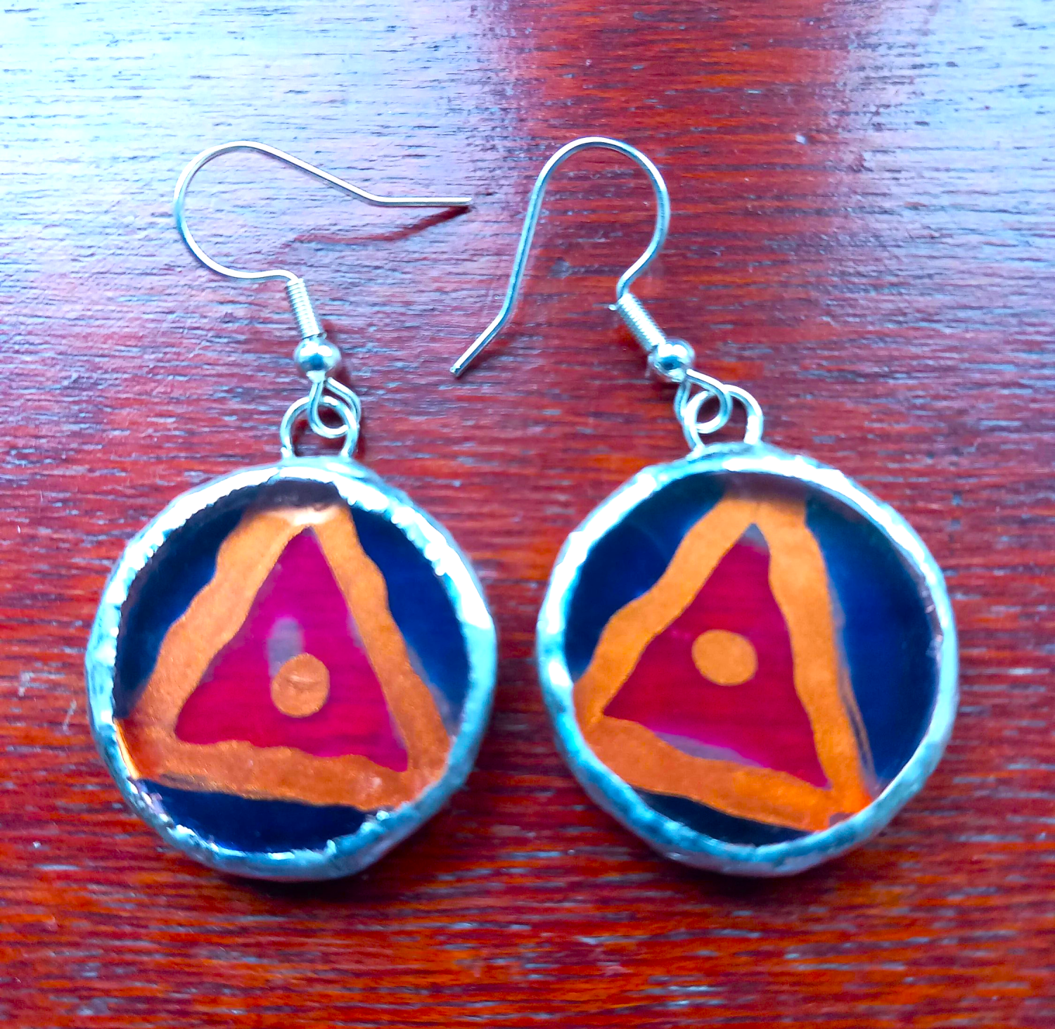 Hand painted, Acrylic, Pink, copper and blue, Tiffany set dangle earrings. Hand painted, Acrylic, Pink, copper and blue, Tiffany set dangle earrings.