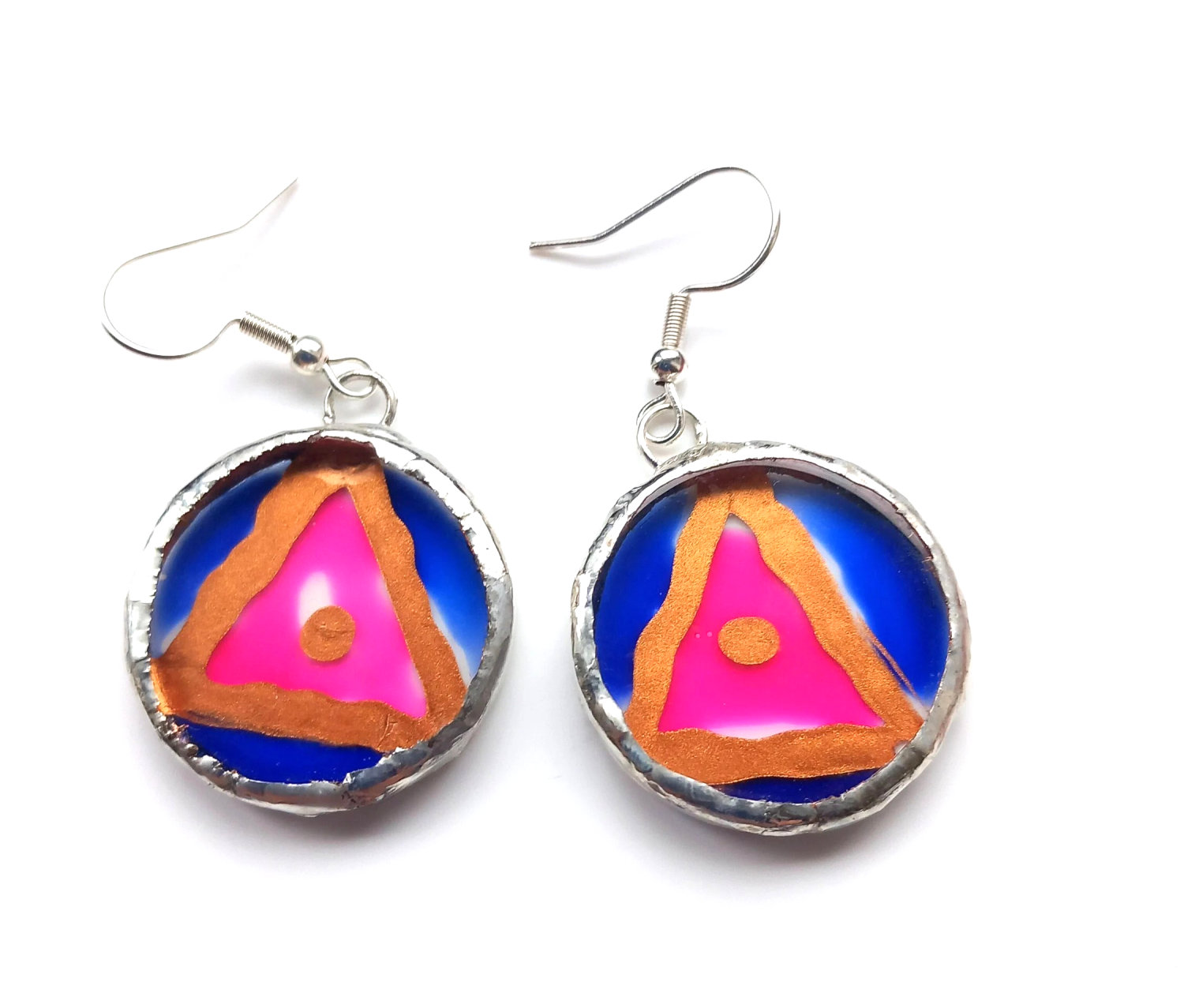 Hand painted, Acrylic, Pink, copper and blue, Tiffany set dangle earrings. Hand painted, Acrylic, Pink, copper and blue, Tiffany set dangle earrings.