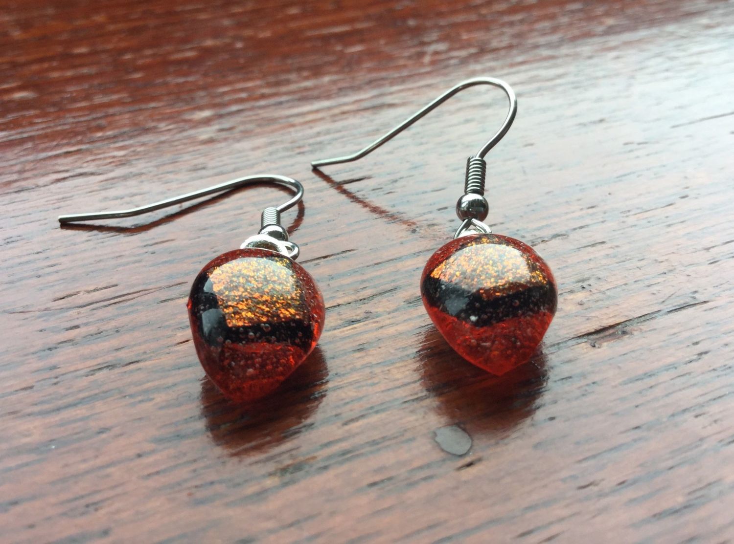 Pretty, orange dichroic, teardrop, quirky earrings. Vibrant, different earrings. Pretty, orange dichroic, teardrop, quirky earrings. Vibrant, different earrings.