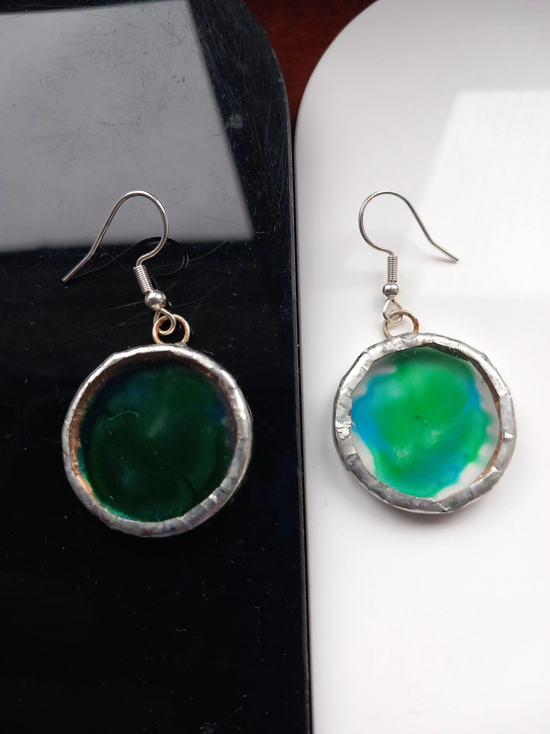 Hand painted, Acrylic, Green and blue, Tiffany set dangle earrings. Hand painted, Acrylic, Green and blue, Tiffany set dangle earrings.