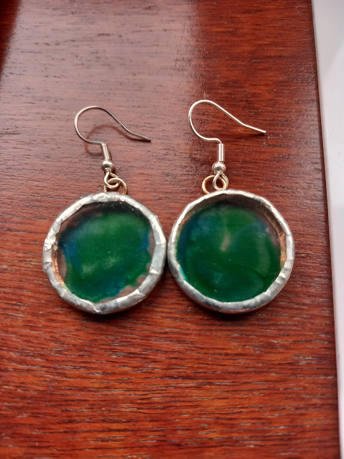 Hand painted, Acrylic, Green and blue, Tiffany set dangle earrings. Hand painted, Acrylic, Green and blue, Tiffany set dangle earrings.