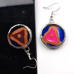 Hand painted, Acrylic, Pink, copper and blue, Tiffany set dangle earrings. 6 Hand painted, Acrylic, Pink, copper and blue, Tiffany set dangle earrings. 6