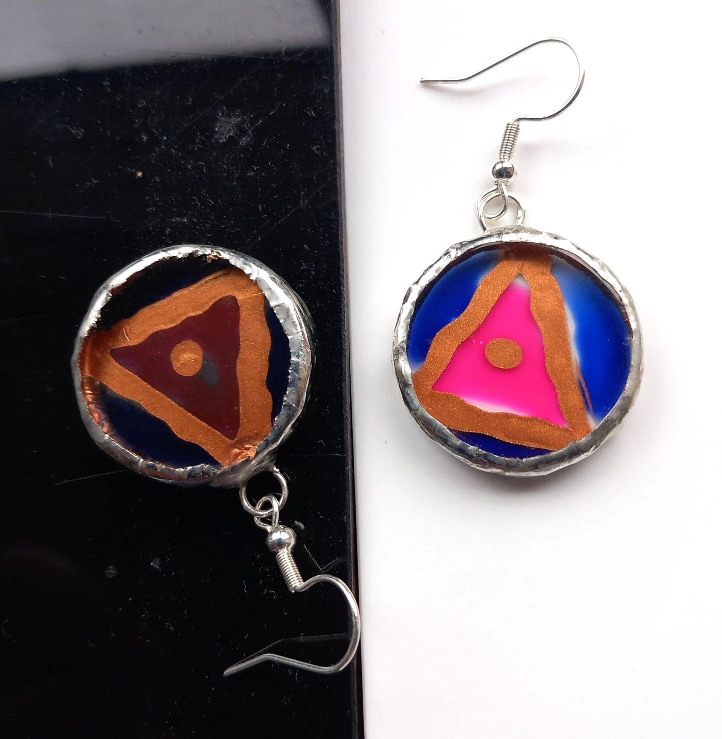 Hand painted, Acrylic, Pink, copper and blue, Tiffany set dangle earrings. Hand painted, Acrylic, Pink, copper and blue, Tiffany set dangle earrings.