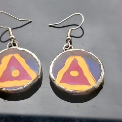 Hand painted, Acrylic, Pink, copper and blue, Tiffany set dangle earrings. 5 Hand painted, Acrylic, Pink, copper and blue, Tiffany set dangle earrings. 5