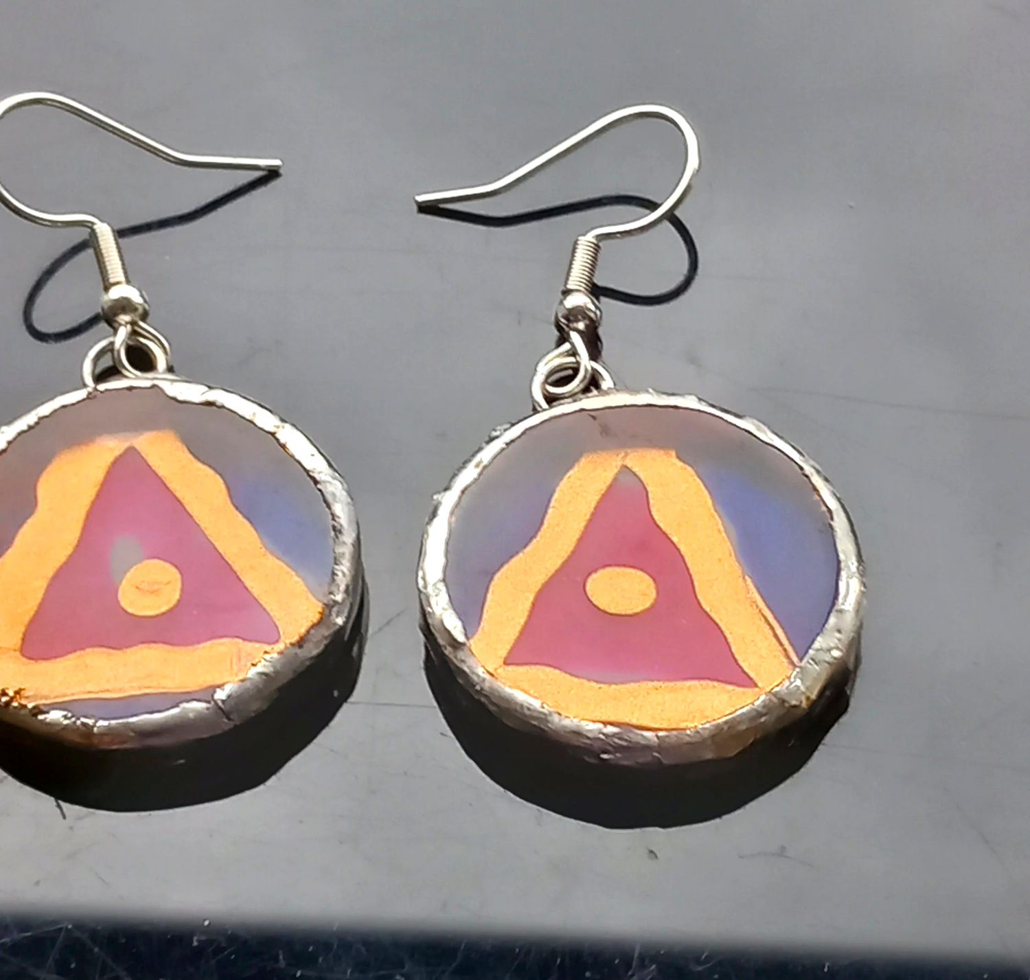 Hand painted, Acrylic, Pink, copper and blue, Tiffany set dangle earrings. Hand painted, Acrylic, Pink, copper and blue, Tiffany set dangle earrings.