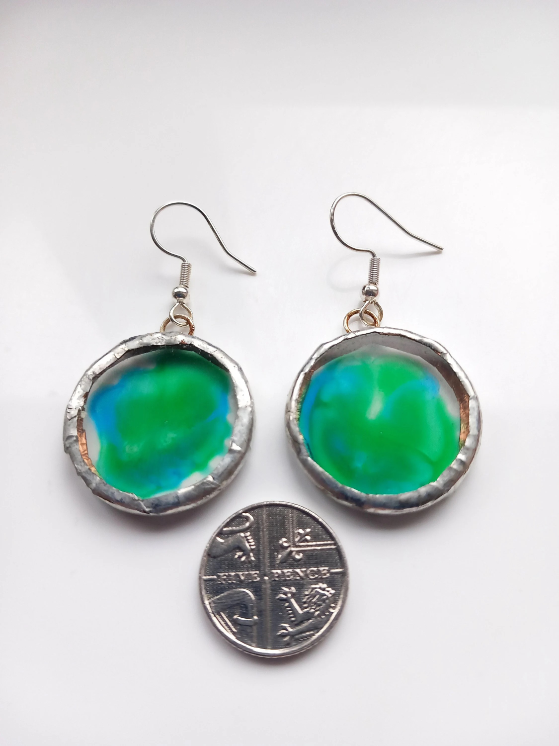 Hand painted, Acrylic, Green and blue, Tiffany set dangle earrings. Hand painted, Acrylic, Green and blue, Tiffany set dangle earrings.