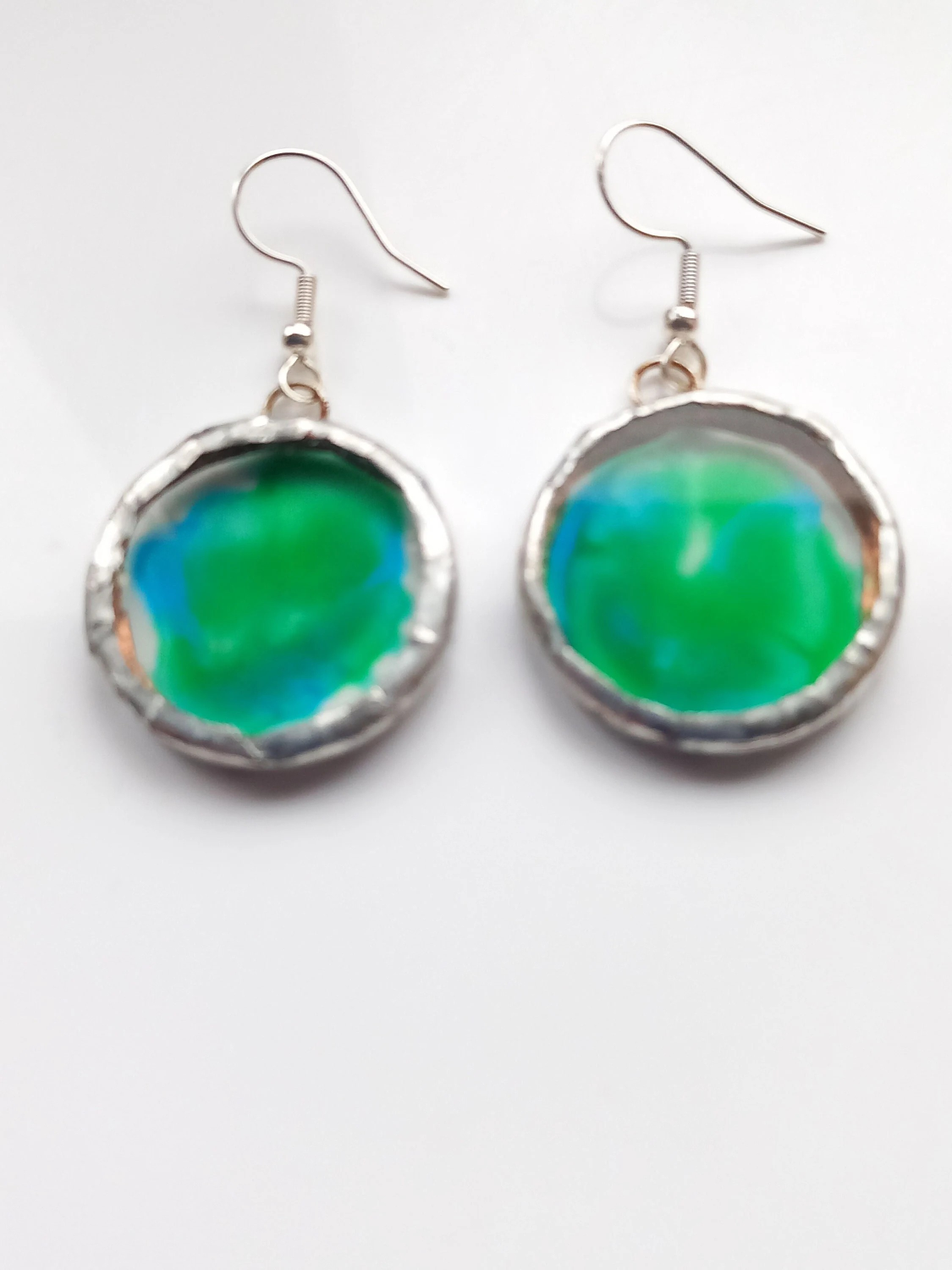 Hand painted, Acrylic, Green and blue, Tiffany set dangle earrings. Hand painted, Acrylic, Green and blue, Tiffany set dangle earrings.