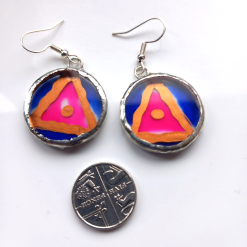 Hand painted, Acrylic, Pink, copper and blue, Tiffany set dangle earrings. 2 Hand painted, Acrylic, Pink, copper and blue, Tiffany set dangle earrings. 2
