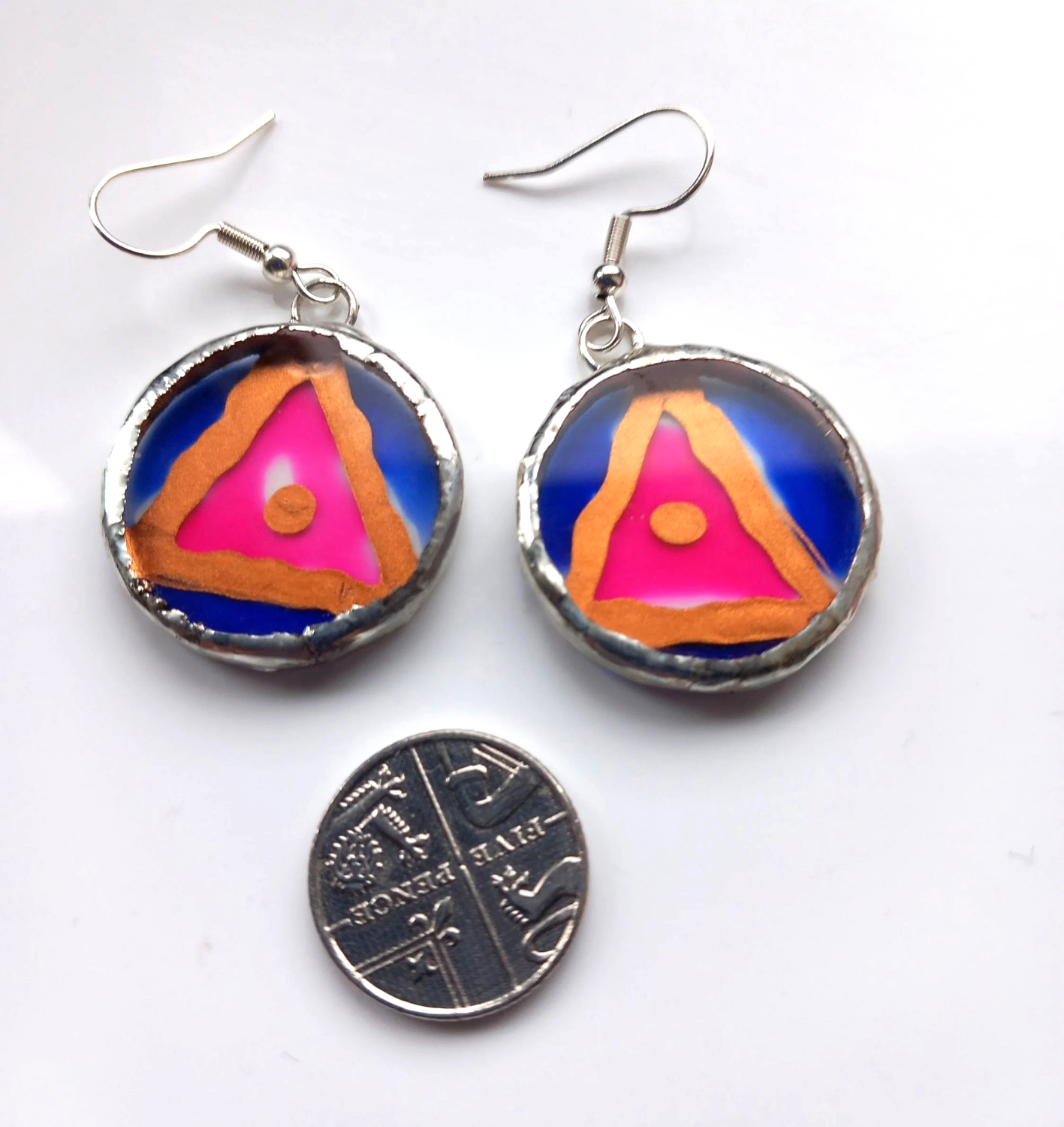 Hand painted, Acrylic, Pink, copper and blue, Tiffany set dangle earrings. Hand painted, Acrylic, Pink, copper and blue, Tiffany set dangle earrings.