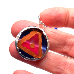 Hand painted, Acrylic, Pink, copper and blue, Tiffany set dangle earrings. 3 Hand painted, Acrylic, Pink, copper and blue, Tiffany set dangle earrings. 3
