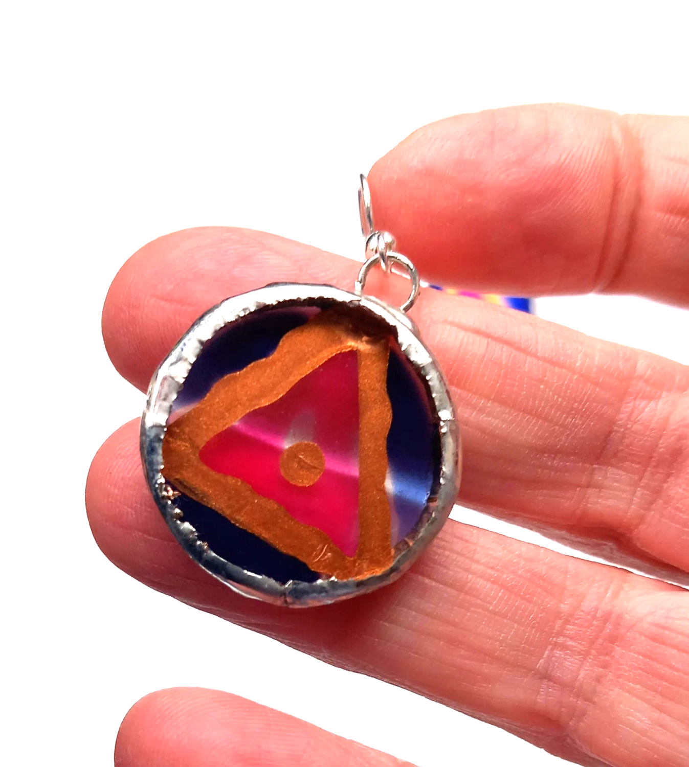 Hand painted, Acrylic, Pink, copper and blue, Tiffany set dangle earrings. Hand painted, Acrylic, Pink, copper and blue, Tiffany set dangle earrings.