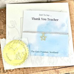 "Just To Say ...Thank You Teacher beaded bracelet. Gold star charm. gift packaging