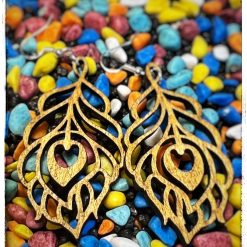 Peacock Feather, Wood Dangle and Drop earrings. Boho style earrings. Natural Jewellery. Artistic earrings. Wooden Jewellery. Handmade.