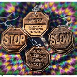 Warning Sign earrings, wooden jewellery, hardwood earrings, artistic earrings, natural jewellery, wooden earrings, wood earrings.