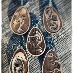Fossilised earrings, dinosaur pendants, wooden jewellery, hardwood earrings, artistic earrings, natural jewellery, wooden earrings.