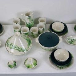 35-Piece Handmade Stoneware Kitchen Set – Vintage Green Leaf Collection 10