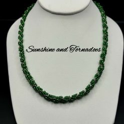 Beaded Spiral Rope Necklace. Green and Silver. Beaded Necklace.