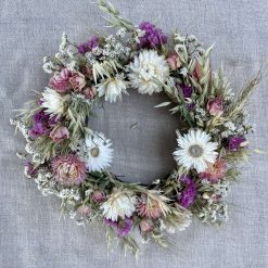 Medium Dried Flower Wreath, 28cm wide, Pink white and green, Home grown dried flowers