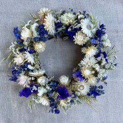 Medium Dried Flower Wreath, 28cm wide, Blue and white, Home grown dried flowers
