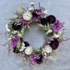 Medium Dried Flower Wreath, 28cm wide, Pink, purple and white, Home grown dried flowers