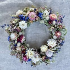 Medium Dried Flower Wreath, 35cm wide, Pink, blue green and white, Home grown dried flowers