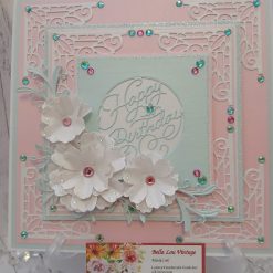 Luxury Handmade Birthday - Happy Birthday centre sentiment - Pretty mint & pink, Lace corners & spray of white flowers