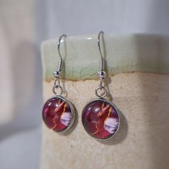 Deep pink and gold glass cabochon dangle earrings