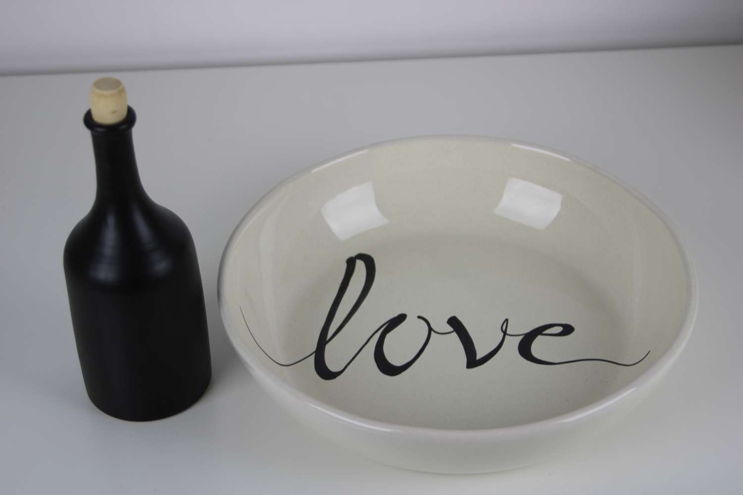 "Elegant Handmade Stoneware 'Love' Serving Bowl & Black Oil Bottle Set" "Elegant Handmade Stoneware 'Love' Serving Bowl & Black Oil Bottle Set"