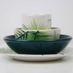 Leaf 4-Piece Handmade Stoneware Dinner Set – Microwave & Dishwasher Safe, Green Leaf Design 2