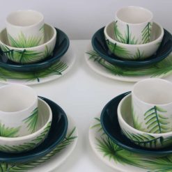 Leaf 16-Piece Handmade Stoneware Dinner Set – Microwave & Dishwasher Safe, Green Leaf Design