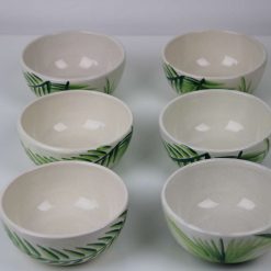 Leaf 6 Handmade Stoneware Bowls – Microwave & Dishwasher Safe, Green Leaf Design