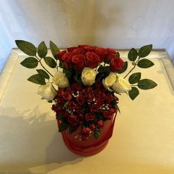 Red hat gift box with silk flowers