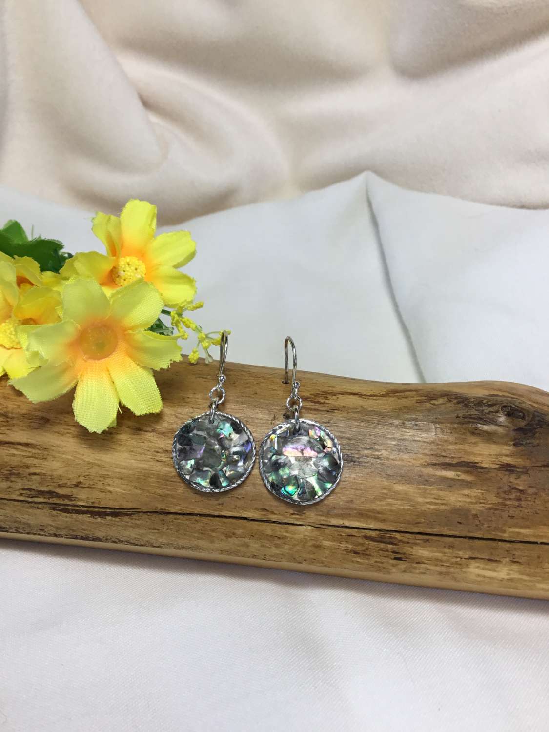 Abalone Shell Disc Drop Earrings Sterling Silver Abalone Shell Disc Drop Earrings Sterling Silver