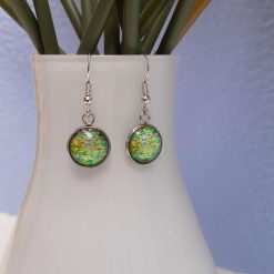 Green patterned glass cabochon dangle earrings