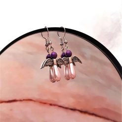 Pink angel earrings, Teardrop glass pearls, purple angel earrings, silver angel wings, 1