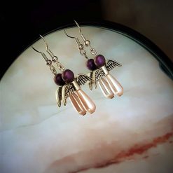 Pink angel earrings, Teardrop glass pearls, purple angel earrings, silver angel wings, 9