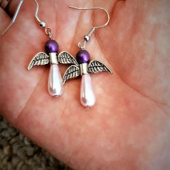 Pink angel earrings, Teardrop glass pearls, purple angel earrings, silver angel wings, 10