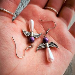 Pink angel earrings, Teardrop glass pearls, purple angel earrings, silver angel wings, 11