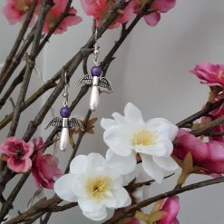 Pink angel earrings, Teardrop glass pearls, purple angel earrings, silver angel wings, 2