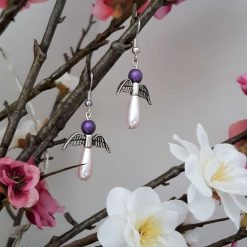 Pink angel earrings, Teardrop glass pearls, purple angel earrings, silver angel wings, 3
