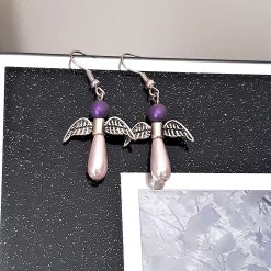 Pink angel earrings, Teardrop glass pearls, purple angel earrings, silver angel wings, 4