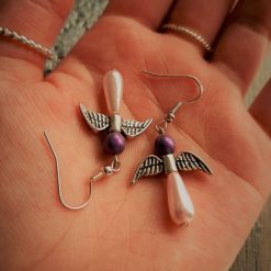 Pink angel earrings, Teardrop glass pearls, purple angel earrings, silver angel wings, 5