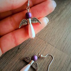 Pink angel earrings, Teardrop glass pearls, purple angel earrings, silver angel wings, 6