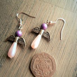 Pink angel earrings, Teardrop glass pearls, purple angel earrings, silver angel wings,
